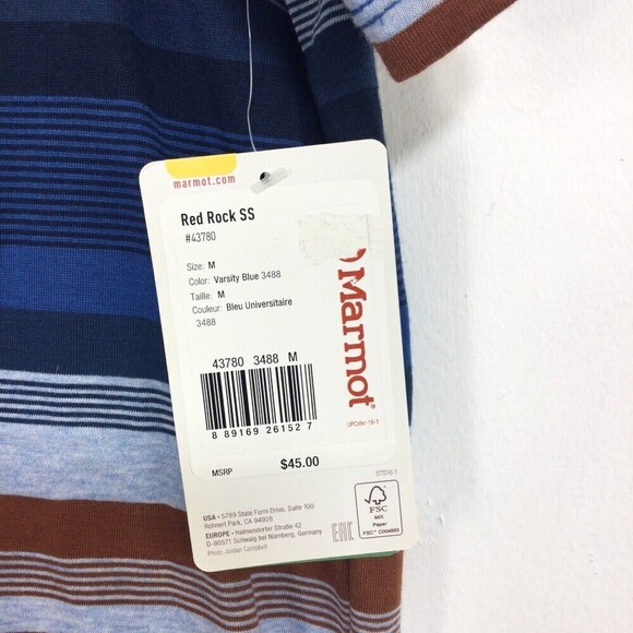Marmot Mens Red Rock Short Sleeve Stripe T-Shirt Varsity Blue UPF 30 - Picture 6 of 11